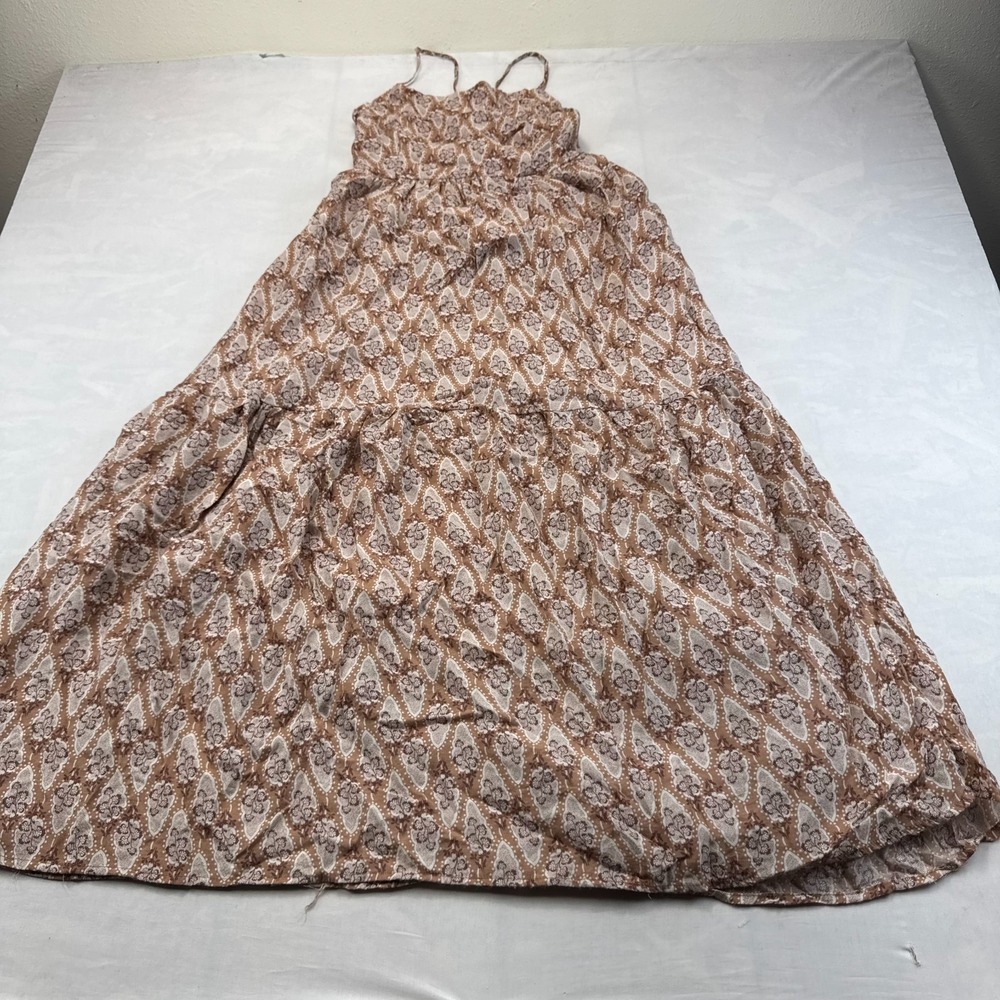By The River Tiered Maxi Dress Womens Medium Brown Paisley Boho Spaghetti Strap